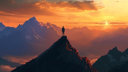 Lone adventurer at sunrise on a mountain peak. A serene, inspirational nature scene. Perfect for adventure themes and travel backgrounds. AI - obrazy, fototapety, plakaty