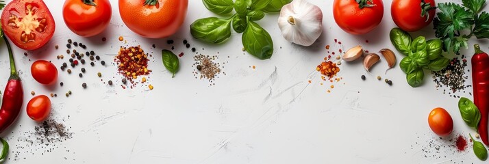 Bright top view cooking scene on white background, space for text, ideal for search results - obrazy, fototapety, plakaty