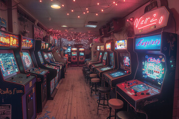 Retro game room with vintage arcade machines and a neon signsuper detailed