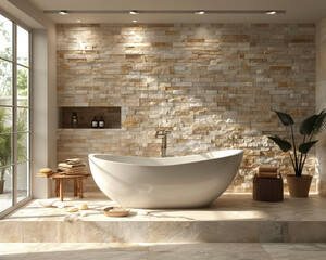 Tranquil spa-like bathroom with a freestanding tub and natural stone tiles8K