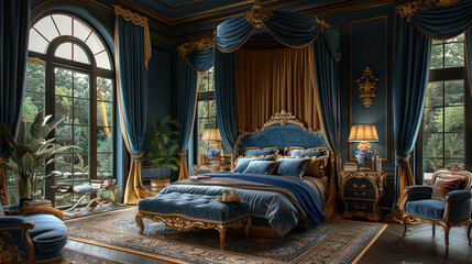Opulent bedroom with a velvet canopy bed and gold decorative elementssuper detailed - obrazy, fototapety, plakaty