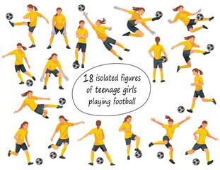 18 vector teenager figures of junior women's football players and goalkeepers in yellow sports uniform jumping, running, catching the ball