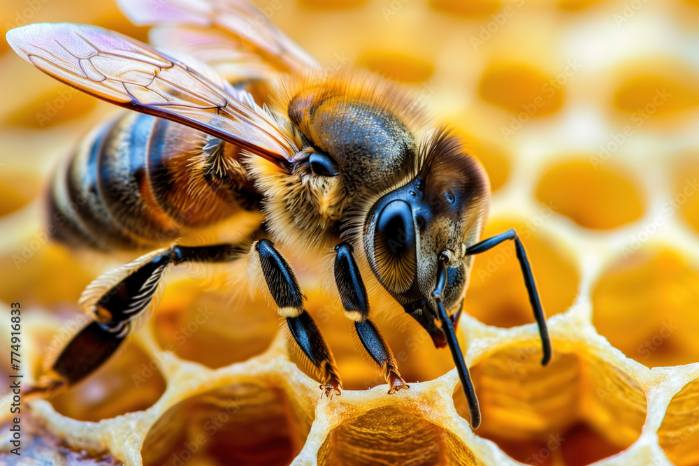 Poster closeup of a bee on a honeycomb. background image. created with generative ai technology.