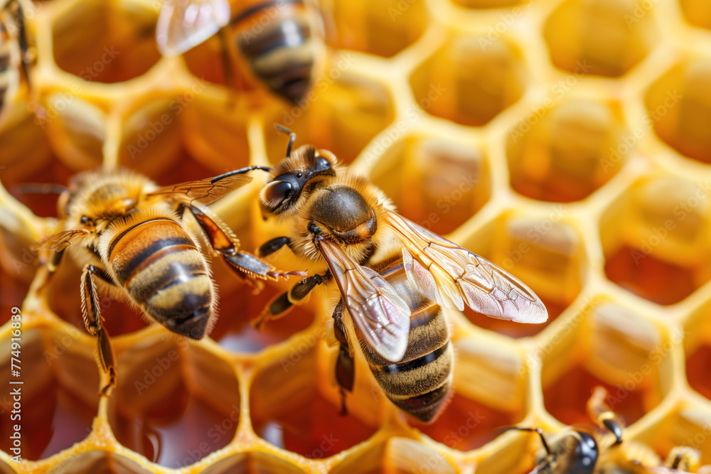 Poster closeup of bees on a honeycomb. background image. created with generative ai technology.