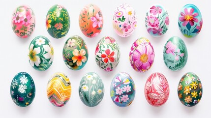 Collection of colourful hand painted decorated easter eggs on white background cutout file. Pattern and floral set. Many different design. Mockup template for artwork design
