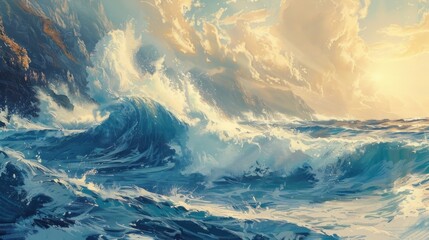 A dynamic seascape capturing the power and beauty of crashing waves against rugged cliffs, skillfully rendered with oil paints. - obrazy, fototapety, plakaty