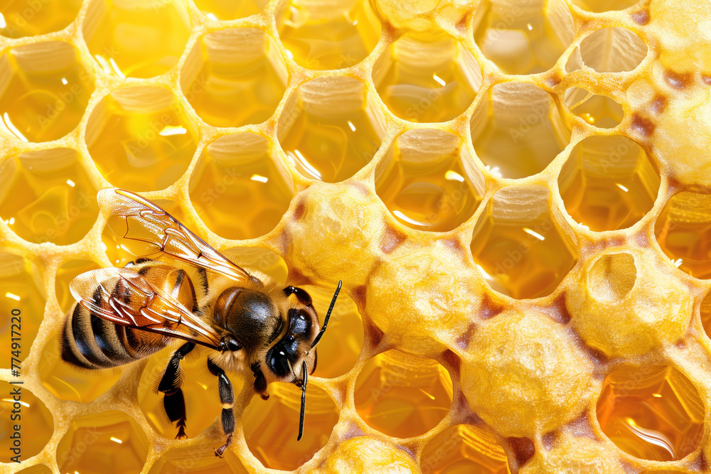 Poster closeup of a bee on a honeycomb. background image. created with generative ai technology.