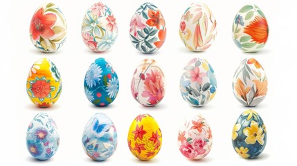 Collection of colourful hand painted decorated easter eggs on white background cutout file. Pattern and floral set. Many different design. Mockup template for artwork design - obrazy, fototapety, plakaty