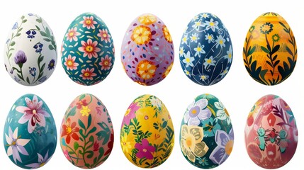 Collection of colourful hand painted decorated easter eggs on white background cutout file. Pattern and floral set. Many different design. Mockup template for artwork design