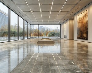 Minimalist gallery space with abstract art and polished concrete floorssuper detailed
