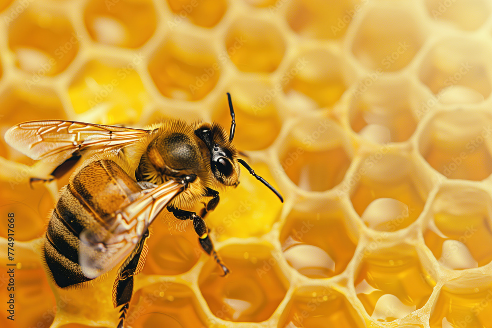 Poster closeup of a bee on a honeycomb. background image. created with generative ai technology.