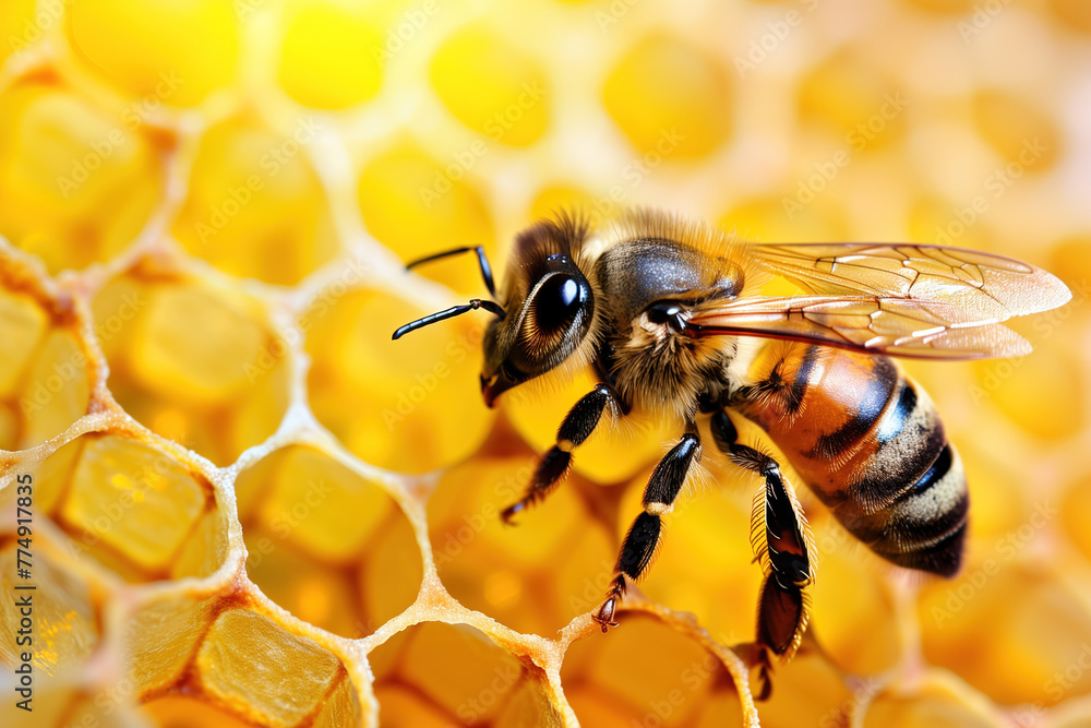 Poster closeup of a bee on a honeycomb. background image. created with generative ai technology.
