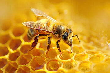 Closeup of a bee on a honeycomb. Background image. Created with Generative AI technology.