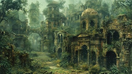 A hauntingly beautiful rendition of an abandoned cityscape, where nature reclaims its territory amidst crumbling ruins, depicted with oil paints. - obrazy, fototapety, plakaty