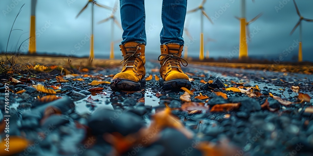 Poster blurry technician discussing wind turbine power generation with wind turbine farm in the background.