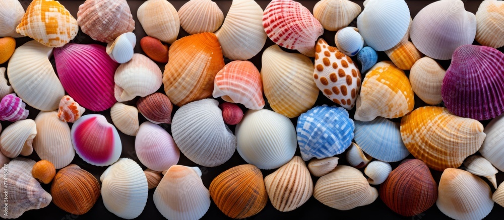 Poster a close up view of a variety of colorful shells with unique shapes and patterns on a sandy beach