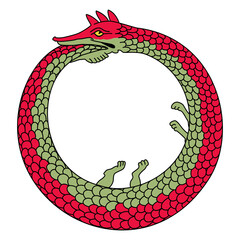 Ouroboros or uroboros, an ancient symbol for eternal cyclic renewal or a cycle of life, death and rebirth, depicting a serpent or dragon eating its own tail. Symbol in hermeticism and alchemy. Vector