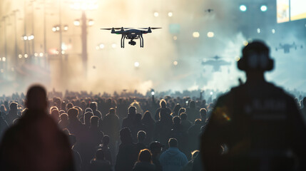 Security personnel using a drone to monitor crowd activity during a public event - obrazy, fototapety, plakaty