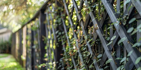 Intricate lattice panels combined with climbing plants, forming a living fence