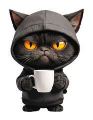 grumpy black cat with a coffee mug