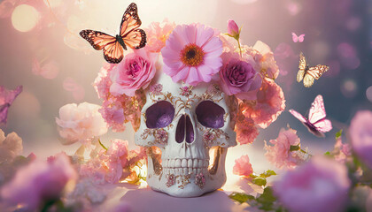 Close-up of elegant skull adorned with beautiful flowers and butterflies. Pastel pink backdrop