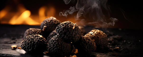 Black truffle on wooden table. Luxury ingredients.