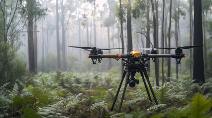 Drone equipped with thermal imaging technology, assisting in locating missing persons in dense forest areas