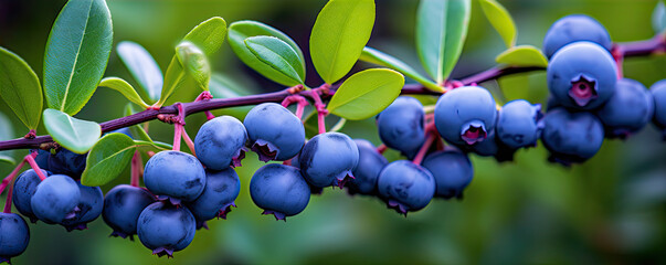 Fresh huckleberries on green twig. (Vaccinium corymbosum). Blueberries