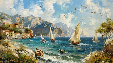 A picturesque coastal scene, with sailboats gliding across azure waters and seagulls soaring overhead, immortalized with oil paints.