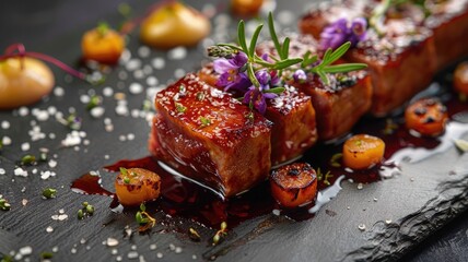 Rich red wine reduction served with a gourmet foie gras dish - obrazy, fototapety, plakaty