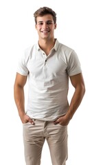 A handsome russian man, standing, wearing a white polo shirt, with hand in the pocket