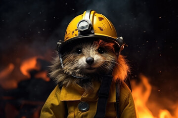 Brave Firefighter raccoon amidst dramatic backdrop of fiery sparks and blaze - 774920005