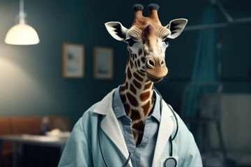 Giraffe in doctor's white coat with stethoscope, healthcare, pet care concept - 774920032