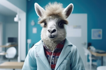 Lama in doctor's white coat in medical setting, healthcare, pet care concept - 774920036