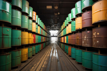 Сolorful, weathered oil barrels rows in warehouse, cargo ship, industrial vibe - 774920060
