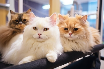 Fluffy cats lounge together in pet spa salon or at home - 774920070
