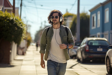 Young Man Enjoying Urban Walk on city streets with music on his headphones - 774920091