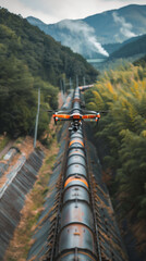 Obraz premium Drone flying over a pipeline or railway track, conducting routine inspections to ensure safety and reliability