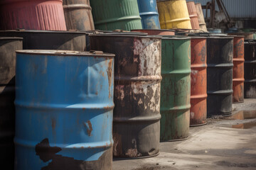 Сolorful, weathered oil barrels rows in warehouse, cargo ship, industrial vibe - 774920233