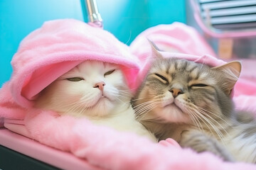 Fluffy cats lounge together in pet spa salon or at home - 774920239