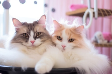 Fluffy cats lounge together in pet spa salon or at home - 774920247