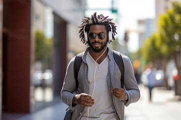 Black Man Enjoying Urban Walk on city streets with music on his headphones