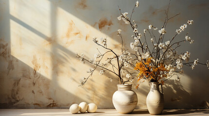 Spring blossom flowers bouquet in vase on table, shadows on wall, copy space - 774920414