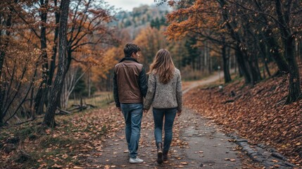Young couple walking in the autumn park. Man and woman enjoying nature.