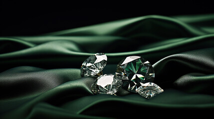 Luxurious dark green velvet fabric, sparkling emeralds and diamonds background - 774920493