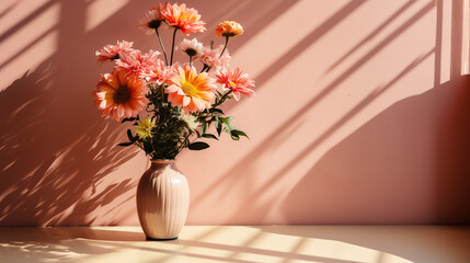 Bright daisies flowers bouquet in pink vase on table, shadows on pink wall - 774920496