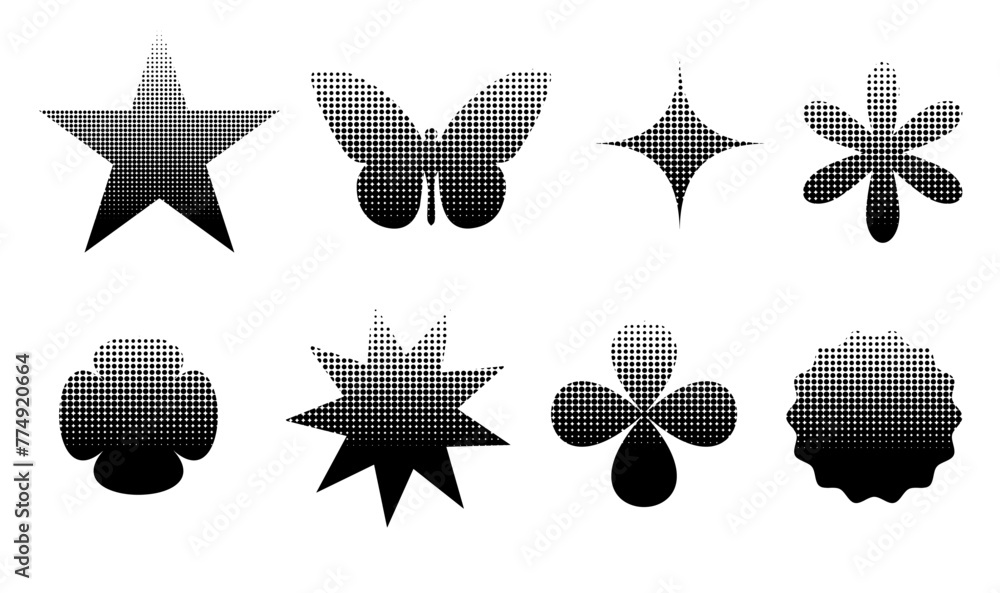 Poster circle halftone textured elements set. abstract dotted brutalism shapes, round halftones geometric d