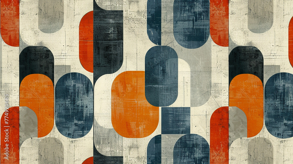 Canvas Prints a repeating geometric midcentury modern pattern with the colors light blue, cream, gray and sunset orange