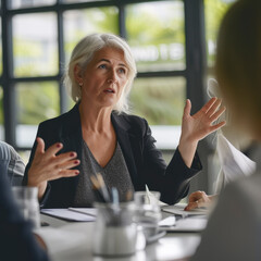 Mature business woman having a discussion with her team. Woman leading a meeting in an office. Business woman presenting her ideas in an office. Group of professionals planning a project.