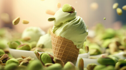 Green pistachio ice cream with nuts ingredients, dessert food background - 774920672
